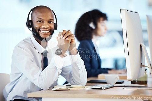 Image of Customer service portrait, computer consulting and black man telemarketing on contact us CRM or telecom. Call center communication, online ecommerce or information technology consultant on microphone