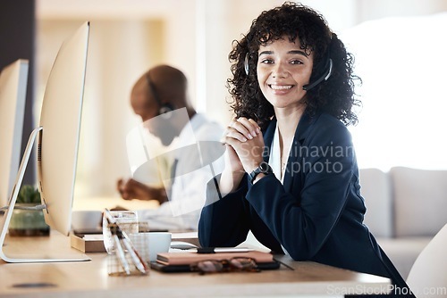 Image of Telemarketing, call center and portrait of black woman and ecommerce worker with crm work. Customer service, web support and contact us employee with a smile from online consulting job and career