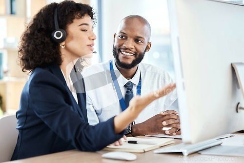 Image of Callcenter, customer service or teamwork on computer for coaching, consulting or networking in office. Manager, learning or black man and woman on tech for telemarketing, research or strategy support