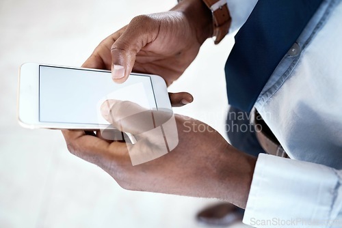 Image of Black man hands, blank phone screen and digital business communication on 5g connection. Writing, social media scroll and email typing corporate employee networking online on technology and internet
