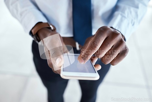 Image of Black man hands , phone screen zoom and mobile communication with 5g connection. Writing, social media scroll and email typing business employee outdoor networking online on technology and internet