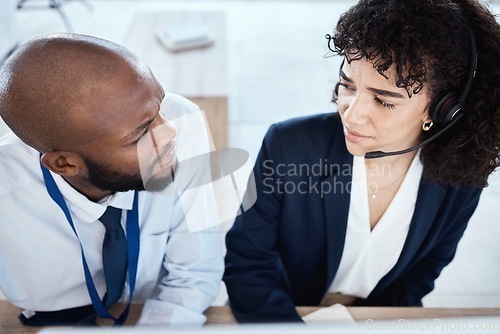 Image of Callcenter face, confused or teamwork on computer for 404 glitch, consulting error or bad feedback in office. CRM or black man and woman on tech telemarketing, mistake or customer support service