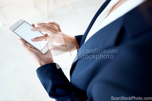 Image of Phone, mockup and hands of business woman texting, advertising and copy space on white background. Space, branding and smartphone screen with lady browsing, internet and search, app and website