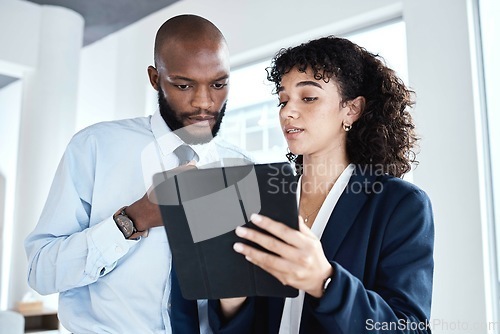 Image of Office tablet, team collaboration and black people review finance portfolio feedback, stock market database or investment. Economy data, forex account manager or trader trading NFT, bitcoin or crypto