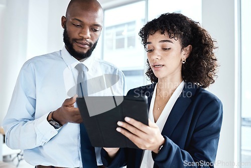 Image of Office tablet, partnership teamwork and black people review finance portfolio feedback, stock market database or investment. Economy, forex account manager and trader trading NFT, bitcoin or crypto