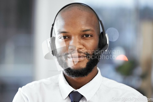 Image of Customer support consulting, face portrait and black man telemarketing on contact us call center. Receptionist telecom, e commerce CRM or information technology consultant on microphone communication