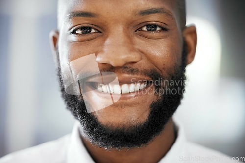 Image of Portrait of black man smile for teeth whitening results, dental medical insurance and healthcare in USA. Happy person or young professional with mouth cleaning services in face, headshot for about us