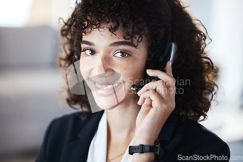 Image of Customer support consulting, face portrait or happy woman telemarketing on contact us call center. Receptionist telecom, ecommerce CRM or information technology consultant on microphone communication