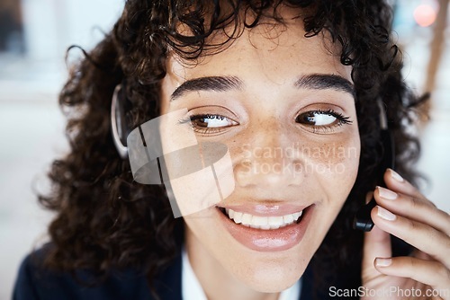 Image of Customer support face, happy consultant or woman telemarketing, consulting or contact us CRM. Call center telecom, online e commerce or information technology consultation on microphone communication