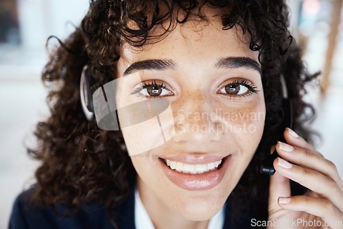 Image of Customer service consultant, face portrait and happy woman telemarketing on contact us CRM or telecom. Call center communication, online e commerce and information technology consulting on microphone