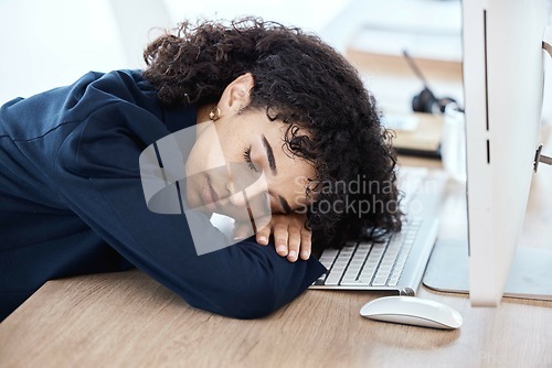 Image of Sleeping, office and business woman burnout from finance portfolio work, stock market database or investment budget. Fatigue, forex account manager or trader tired from NFT, bitcoin or crypto trading