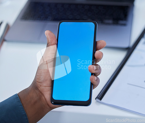 Image of Green screen, mockup and phone in hand, marketing and technology with product placement and business communication. Black man, networking and ux with email or social media, tech and digital