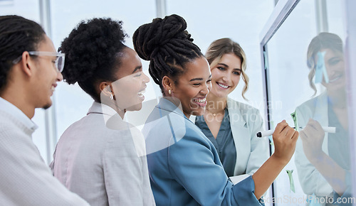 Image of Laughing, planning and business people with a strategy on a board, meeting and working on a goal. Teamwork, coaching and women employees writing an idea, vision and brainstorming for inspiration