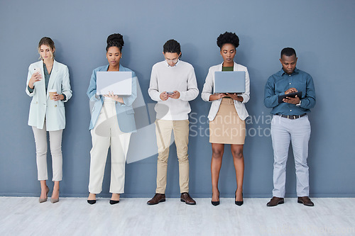 Image of Business people, waiting or technology in job interview queue, recruitment line or hr row on wall. Diversity, men or women in human resources, hiring or onboarding office on phone, laptop or tablet