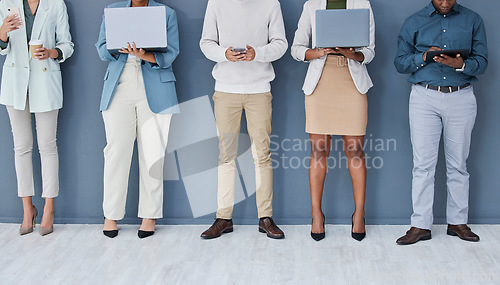 Image of Business people, waiting or technology in job interview row, recruitment line or hr wall queue. Diversity, men or women legs in human resources, hiring or onboarding office on phone, laptop or tablet