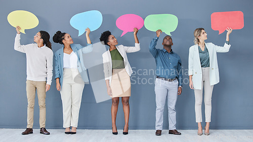 Image of Speech bubble, feedback mockup and communication with business people for social media, vote and review. Mock up space, chat sign and group of employees with voice, ideas and opinion for branding.