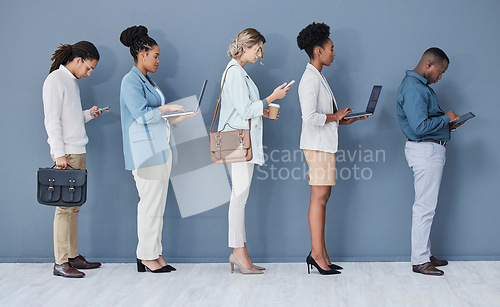 Image of Business people, diversity or job interview waiting on technology queue, recruitment line or hr row. Vacancy, men or women in human resources, hiring or onboarding office on phone, laptop or tablet