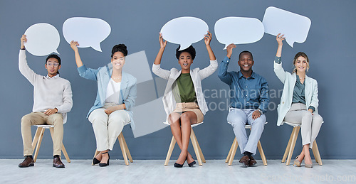 Image of Speech bubble, mockup and feedback communication with business people for social media, vote and review. Mock up portrait, chat sign and group of employees with voice, ideas and opinion for hiring.