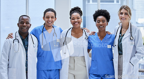 Image of Team of doctors, diversity portrait and healthcare hospital services, mission and group values. Support, love and nurses or medical professional employees, black woman and face of USA clinic staff