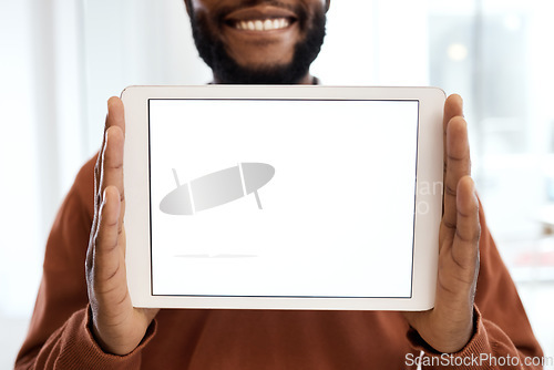 Image of Tablet, mockup screen and black man smile for website branding, social media and mobile app on internet. Marketing, network and male with empty, blank and copy space of digital tech for advertising