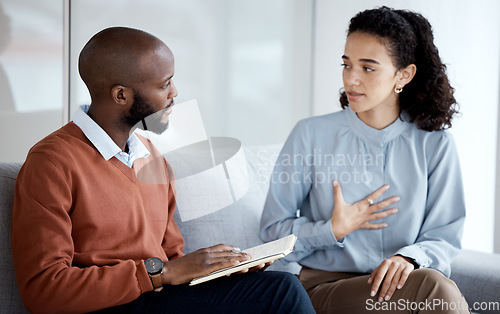 Image of Mental health, therapy and counselling consultation with woman patient and psychologist. Person talking to man therapist writing notes about psychology, anxiety and depression or stress for help
