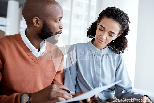 Image of Contract, medical agreement and man with black woman sign paperwork, health insurance and legal document. Communication, doctor in psychology and patient, consultation to explain terms and conditions