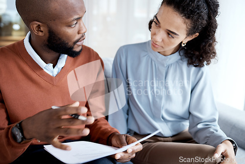 Image of Contract, medical agreement and black man with woman sign paperwork, health insurance and legal document. Communication, doctor in psychology and patient, consultation to explain terms and conditions