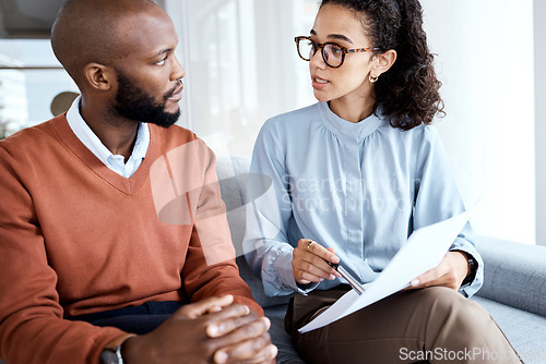 Image of Contract, health agreement and man with black woman explain paperwork, medical insurance and legal document. Discussion, doctor in psychology and patient in consultation, sign terms and conditions