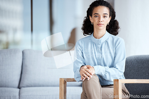 Image of Portrait, mockup and mental health with a black woman psychologist sitting in her office for therapy. Consultant, psychology and mock up with a female therapist ready to help during counseling