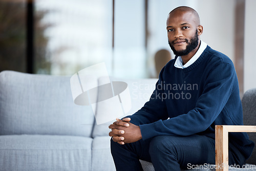 Image of Employee, portrait and confident black man at work, job or modern workplace in a waiting room for interview at office building. Portrait, businessman and African American worker with positive mindset