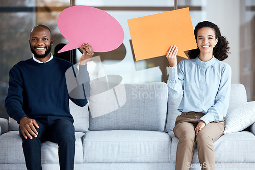 Image of Marriage counseling, session or speech bubble with a married couple on a sofa in a psychologist office for talking. Portrait, communication or psychology with a man and woman holding empty copy space