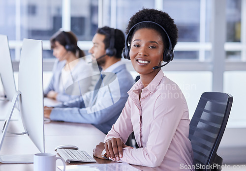 Image of Black woman, call center and portrait smile in contact us for telemarketing, customer support or service at the office. Happy African American female consultant smiling with headset for online advice