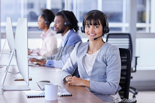 Image of Woman, call center and portrait smile for telemarketing, customer support or service at the office. Happy female consultant smiling with headset in CRM agency for online advice or help in contact us