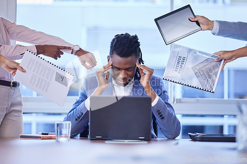 Image of Headache, stress and businessman with hands of group for multitasking, deadline or chaos in office. Overwhelmed, burnout and corporate employee suffering pressure for team, report or compliance blame