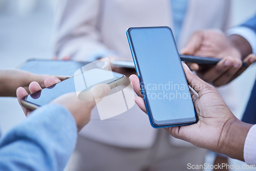 Image of People, hands and phone in social networking with screen mockup for mobile app, advertising or marketing. Hand of group with smartphone for internet sharing, online collaboration or advertisement