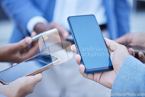 Image of People, hands and phone screen on mockup for mobile app, advertising or marketing and social media. Hand of group with smartphone together for internet sharing, online collaboration or 5G networking