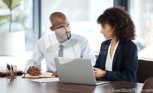 Image of Executive planning, black people and meeting with laptop, collaboration and strategy review in office. Financial advisor, investment management and corporate teamwork for feedback of business ideas