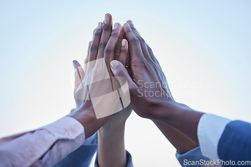 Image of People, hands and high five for community, unity or team agreement in trust, support and collaboration. Hand of group in teamwork, motivation or coordination for winning or partnership in solidarity