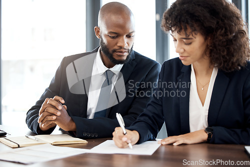 Image of Documents, business and black people writing notes for accounting strategy, planning and company portfolio review. Teamwork, financial advisor and analysis of contract, investment or legal consulting