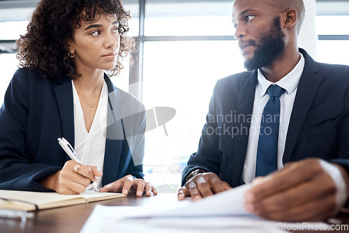 Image of Paperwork, planning and meeting black people or clients b2b strategy, finance and taxes with budget review. Writing, financial advisor or coworking employee with partner for investment at USA company