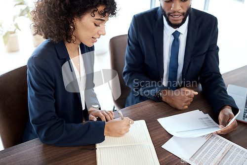 Image of Accounting, document and meeting of black people in finance strategy, taxes report or budget review. Accountant, financial advisor or business employee with partner planning investment at USA company