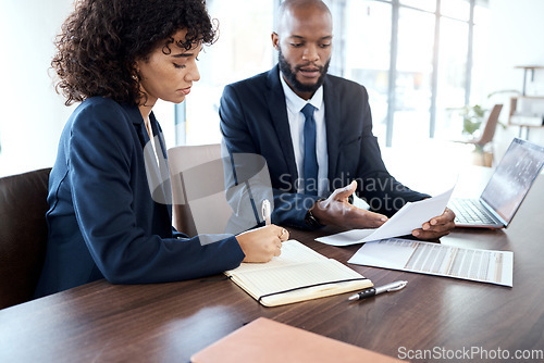 Image of Accounting, paperwork and meeting black people for finance strategy, taxes report or budget review. Accountant, financial advisor or USA business manager with investment planning, advice or loan talk