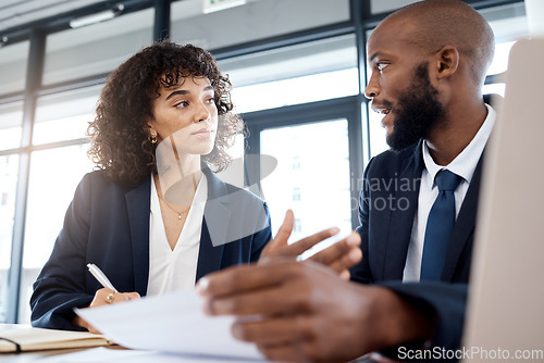 Image of Planning, strategy and meeting black people or clients b2b documents, finance review and contract discussion. Accountant, financial advisor or business employee with partner investment at USA company