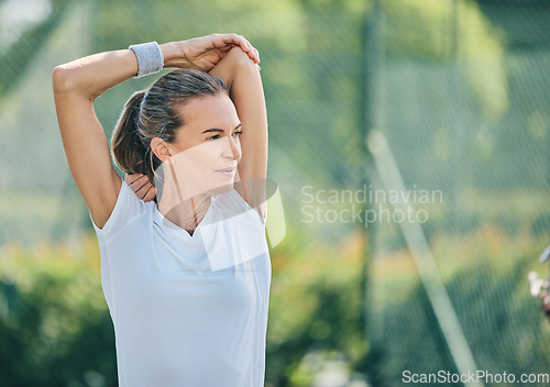 Image of Tennis, mock up and stretching with a sports woman on a court for a warm up before her competitive game. Sport, fitness and training with a senior female athlete getting ready for a practice match