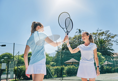 Image of Tennis, racket high five and women teamwork for sport game outdoor for exercise and fitness. Sports achievement, winner and happy athlete partner team feeling success from workout goals on court