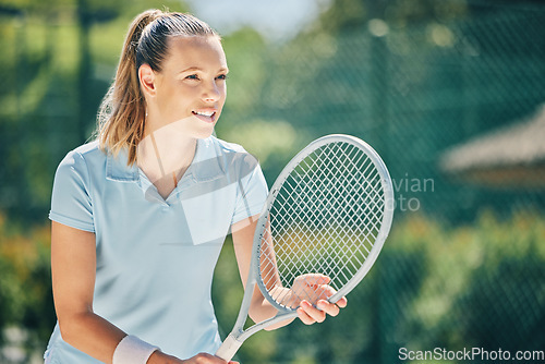 Image of Woman, tennis player and racket ready in sports game for ball, match or hobby with smile on court. Happy female in sport fitness holding racquet in stance for training or practice in the outdoors