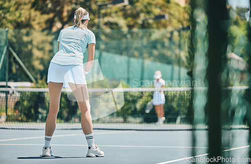 Image of Woman, tennis court and sports game outdoor for fitness, exercise and training for competition. Healthy people at club for match, workout and performance for wellness mockup with summer cardio