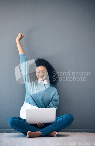Image of Excited, success and woman reading on a laptop, email celebration and happy about a notification. Wow, wall and employee with a surprise on the web, promotion and announcement on a pc with mockup