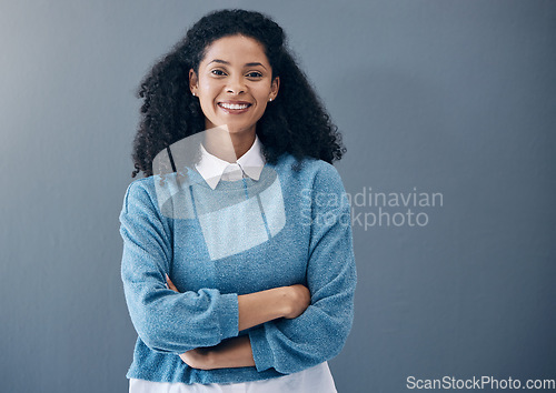 Image of Black woman, happy portrait and business smile with professional and confident leader mockup space. Face of Colombia entrepreneur person with arms crossed, pride and smile for vision grey background