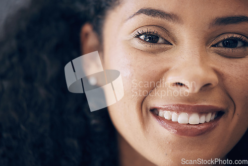 Image of Face, black woman and smile in portrait, success and positive mindset with vision and motivation in Kenya. Growth, development and beauty with confidence and happy African female with mockup space